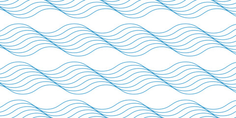 Waves background. Repeated blue curvy lines. Water print. Ocean, sea, lake or river pattern. Aqua texture. Nautical ornament. Summer theme wallpaper. Swimming pool liquid. Vector flat illustration.