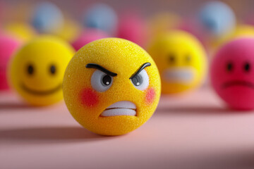 A textured angry emoticon ball with furrowed brows and clenched teeth standing out among various blurred colorful emoji balls expressing different emotions on a soft surf