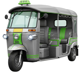 Colorful three-wheeled auto rickshaw parked on a street with vibrant surroundings and urban elements