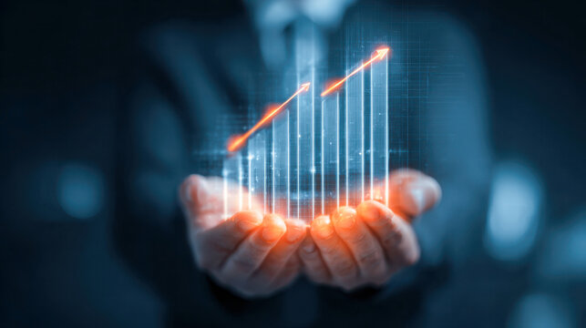 Businessperson holding a glowing futuristic digital chart with upward trending arrows symbolizing growth and success in innovation and technology advancements