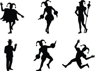 silhouette jesters and clowns dancing performing, joker costume characters in funny poses, carnival entertainer comedy performer traditional festival fool illustration on white background