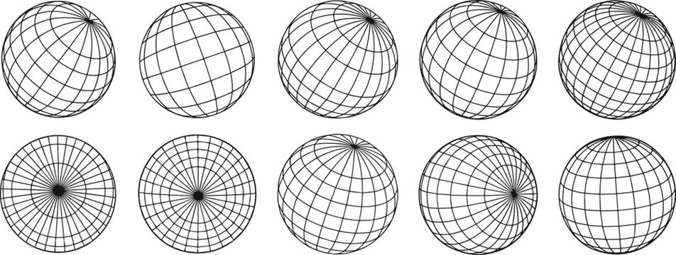 3d sphere grid wireframe set, geometric globe mesh line design, abstract spherical structure illustration, black contour global connection shapes vector