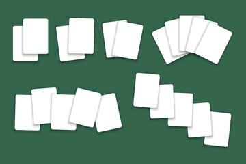 Set of blank white playing card mockups isolated on green felt table background. Playcard templates in different arrangements. Poker game concept. Vector realistic illustration.