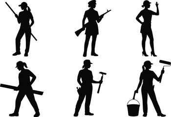 Silhouette people, various professions, soldier with rifle, female hunter, teacher speaker, carpenter worker, construction labor, painter with roller, occupational diversity, teamwork roles, lifestyle