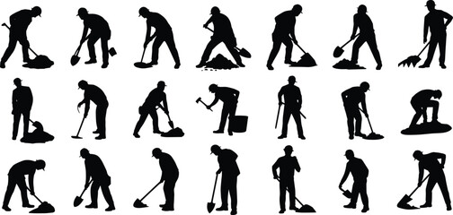 Silhouette construction workers, manual labor, digging shovels, pickaxe tools, raking ground, heavy lifting, teamwork, industrial workforce, occupational roles, building site, construction industry