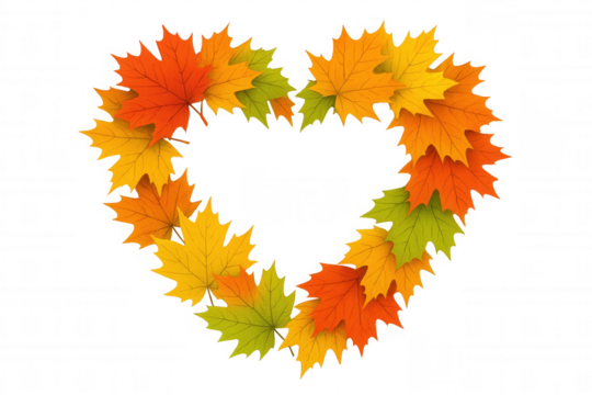 Autumn maple leaves forming a heart shape, symbolizing love, romance, and seasonal fall feelings on transparent background