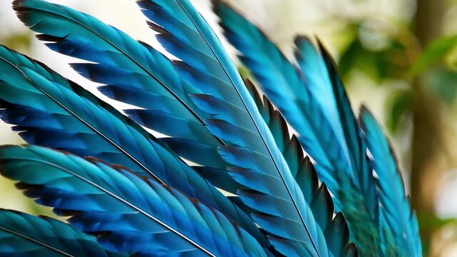 Close-up of bright, textured, iridescent blue feathers on a soft, blurry background