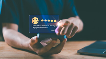 Customer satisfaction with five star rating on mobile phone, excellent service review, online...