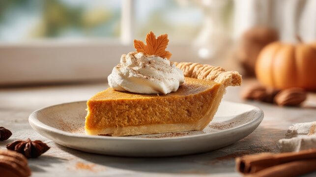 Delectable pumpkin pie slice topped with whipped cream and a maple leaf perfect for fall themed designs and thanksgiving promotions