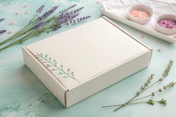 Elegant packaging box surrounded by lavender flowers and colorful bath salts on a serene background