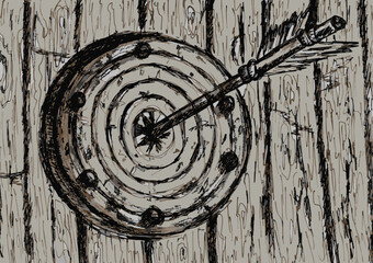 Detailed sketch of an arrow hitting the bullseye of a wooden archery target, featuring hand-drawn ink and pencil lines with rustic brown and beige tones for a vintage, artistic look