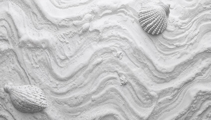 White sandy beach with textured patterns and seashells scattered across the surface, creating a serene coastal atmosphere and inviting natural beauty
