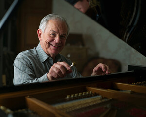 An elderly man with gray hair tunes a piano with a joyful expression, acoustics, craft, musical art.