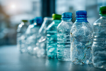 Crumpled plastic bottles with colored caps arranged in a row representing environmental pollution and recycling challenges on a blurred background