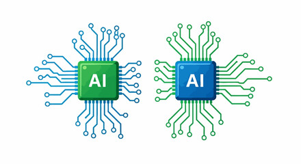 Two square AI chips with connected circuits one green and blue one blue and green on a white background