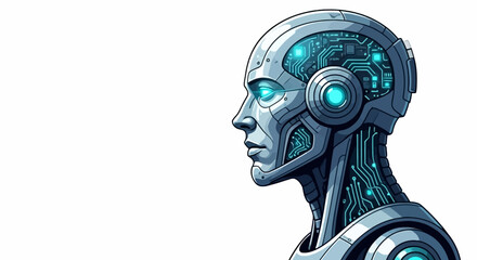 Robot head profile with circuit board design white face dark head glowing green circuits