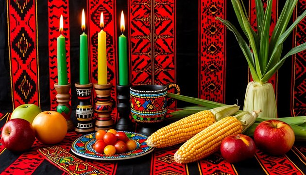 Kinara holding candles, surrounded by fruits, vegetables, and a unity cup, symbolizing Kwanzaa tenets against a patterned fabric