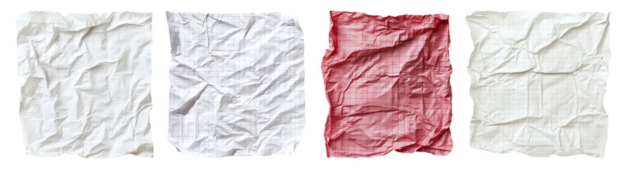 Obraz premium Crumpled Paper Textures in White and Red for Creative Backgrounds, PNG bundle collection, Isolated on Transparent Background