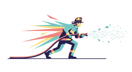 Obraz premium A dynamic vector illustration depicts a brave firefighter in full gear, rapidly spraying water to extinguish a crisis with heroic urgency.