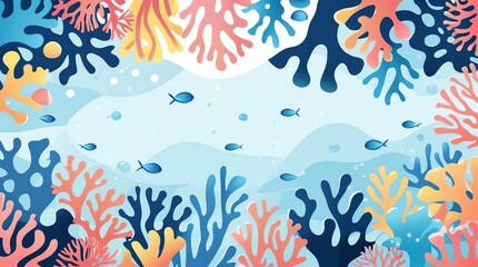 Vibrant coral reef teeming with blue fish and bubbles