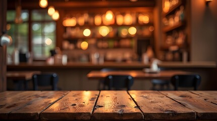 Rustic wooden table invites warm gatherings in cozy restaurant ambiance, perfect for showcasing food, drinks, or product displays with a touch of charm