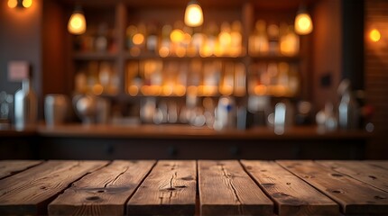 Rustic wooden table ready for your product display in a warm, inviting bar setting with blurred background and soft glowing lights for cozy atmosphere