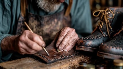 Elderly Artisan Meticulously Handcrafting Custom Leather Boots in Workshop.
