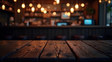 Warm rustic wooden table at cozy bar ready for drinks and good times, perfect for food and beverage menus or social gatherings