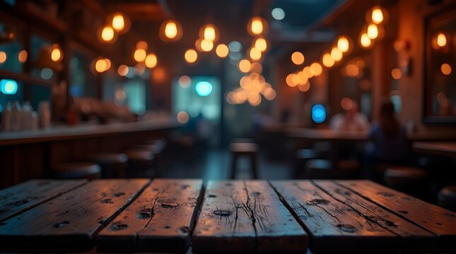 Cozy ambiance at a charming rustic bar with warm inviting lights and a beautiful wooden table creating an intimate atmosphere for friends and couples