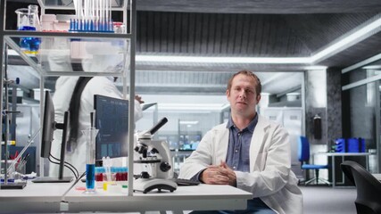 POV of scientist on video call in modern lab attends online conference, sharing insight on research study and experiment data results for biotechnology. Shaping medical discovery. Camera A.