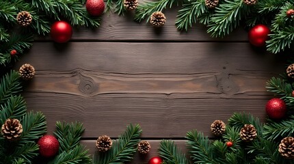 Festive Christmas border of pine branches with red ornaments and pinecones on rustic wood, perfect for holiday greetings and designs