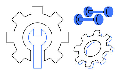 Large gear with a wrench at the center, smaller gear, and blue dumbbells. Ideal for settings in repair, fitness, mechanics, strength, balance productivity and progress. Simple flat metaphor