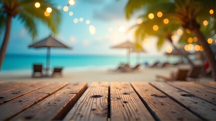 Dreamy tropical beach scene with warm string lights, palm trees, and tranquil ocean vistas invites instant relaxation and vacation vibes.