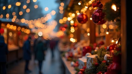 Magical Christmas market scene with glowing lights and festive decorations, evoking holiday cheer and winter enchantment for seasonal celebrations