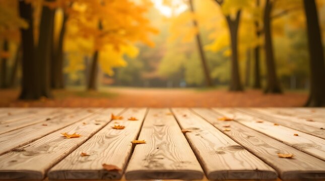 Warm autumn forest path with golden leaves and a rustic wooden deck, perfect for seasonal promotions and nature scenes - Powered by Adobe
