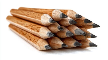 a collection of wooden pencils in a row, each with a sharpened black eraser end. the background is plain, emphasizing the pencils