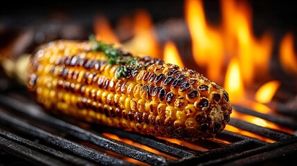 a close-up view of a grilled corn on a grill with flames