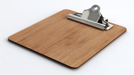 a wooden clipboard with a metal paperclip affixed to it. the clipboard rests against a contrasting white background