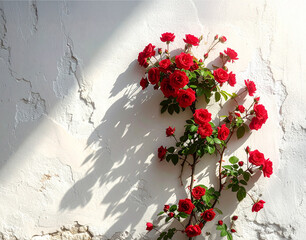 白壁に伝う赤い薔薇の花
