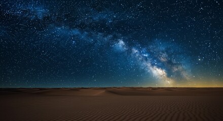 A vast desert landscape with rippled sand dunes under a brilliant night sky filled with the Milky Way and countless stars, softly illuminated by twilight