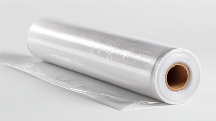 a roll of transparent polyethylene (pe) film, commonly used for food packaging, on a white background