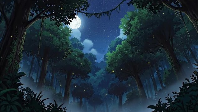 Enchanted Forest Night Scene with Fireflies and Moonlight.