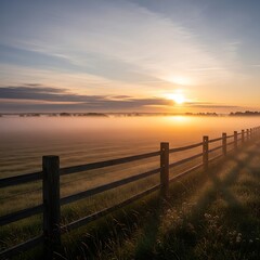 Obraz premium Sunrise over a Foggy Field with Fence.