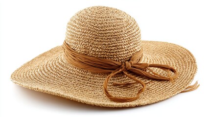 a woven straw sun hat with a wide brim and two decorative bands around it, one at the top and the other at the base