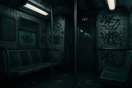 An abandoned, dimly lit subway car interior, decaying with graffiti and shadows, captures a sense of urban decay and desolation. - Powered by Adobe