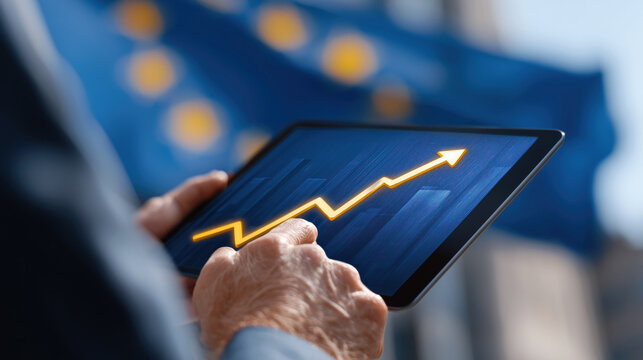 Hands holding tablet with glowing upward financial chart in front of European Union flag, symbolizing economic growth and progress