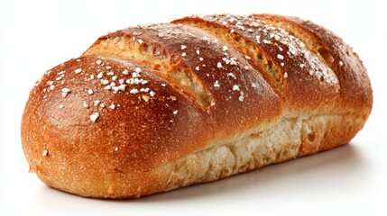 Fototapeta premium a loaf of bread placed on a white surface. the bread is brown with a shiny crust. it is adorned with small pieces of what appears to be sesame seeds