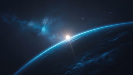 Stunning sunrise over planet, light over horizon, celestial beauty, blue space background, cosmic dream