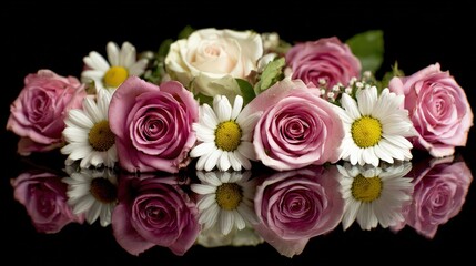 Naklejka premium Exquisite display of delicate roses and daisies arranged artfully against a black background, creating a visually stunning composition featuring the elegant flowers with their intricate petals and...