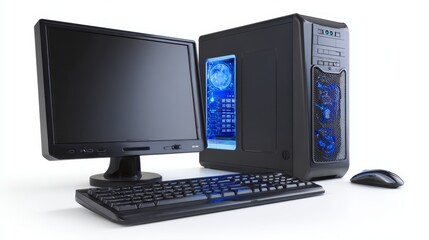 Fototapeta premium a desktop computer setup with a monitor, keyboard, mouse, and tower unit on a desk. the computer appears to be turned off